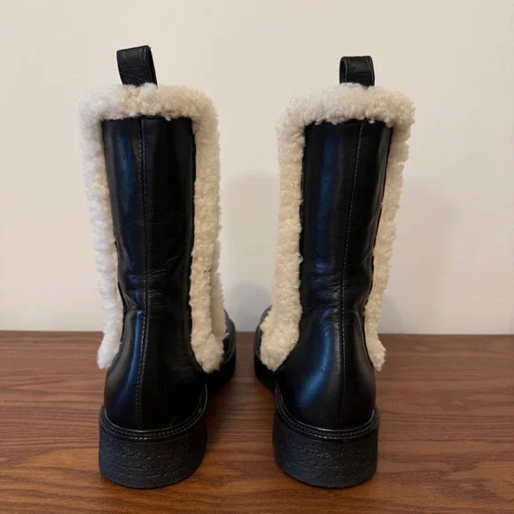 STAUD Palamino Black Leather Chelsea Boots with Shearling Trim - Picture 6 of 9